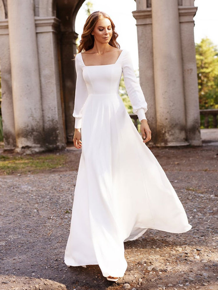 A-line Square Neck Long Sleeves Floor-length Wedding Dress With Buttons 3