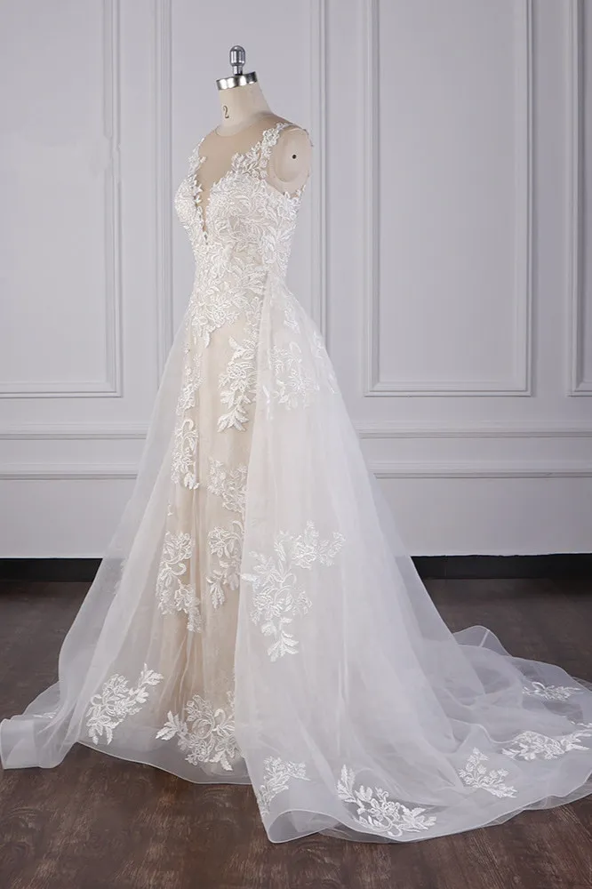 Mermaid Jewel Neck Sleeveless Floor-length Tulle Wedding Dress With Appliques 2