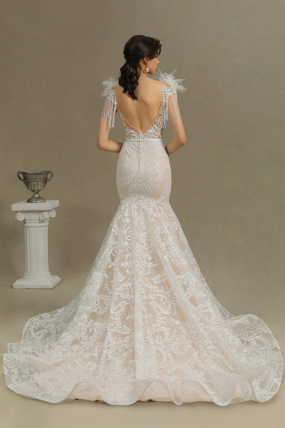 Mermaid Jewel Neck Sleeveless Cathedral Train Lace Wedding Gown With Crystal 7