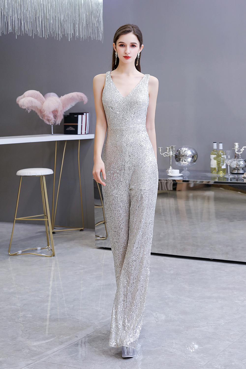 Shining V-neck Silver Sequin Sleeveless Prom Jumpsuit 5