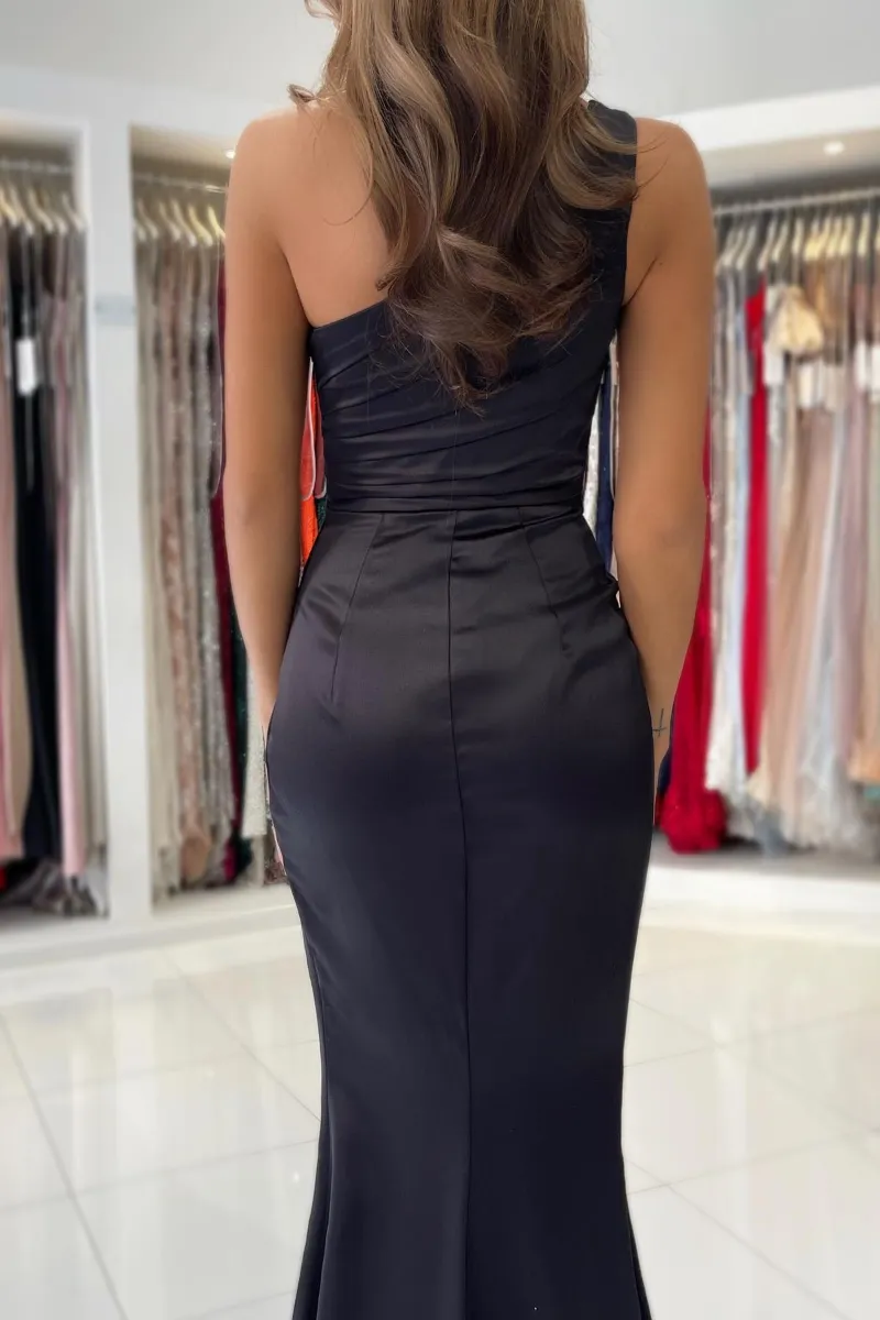 One Shoulder Sleeveless Floor-length Satin Evening Dress With Ruffles 4