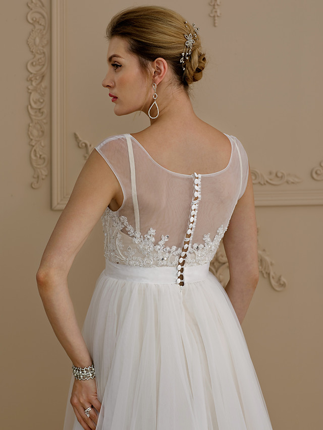 A-line Cap Sleeves Sweep / Brush Train Tulle Bridal Gown With Buttons 5