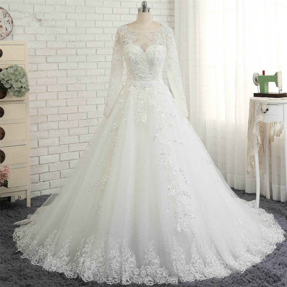 A-line Jewel Neck Long Sleeves Floor-length Tulle Wedding Dress With Sequins 7