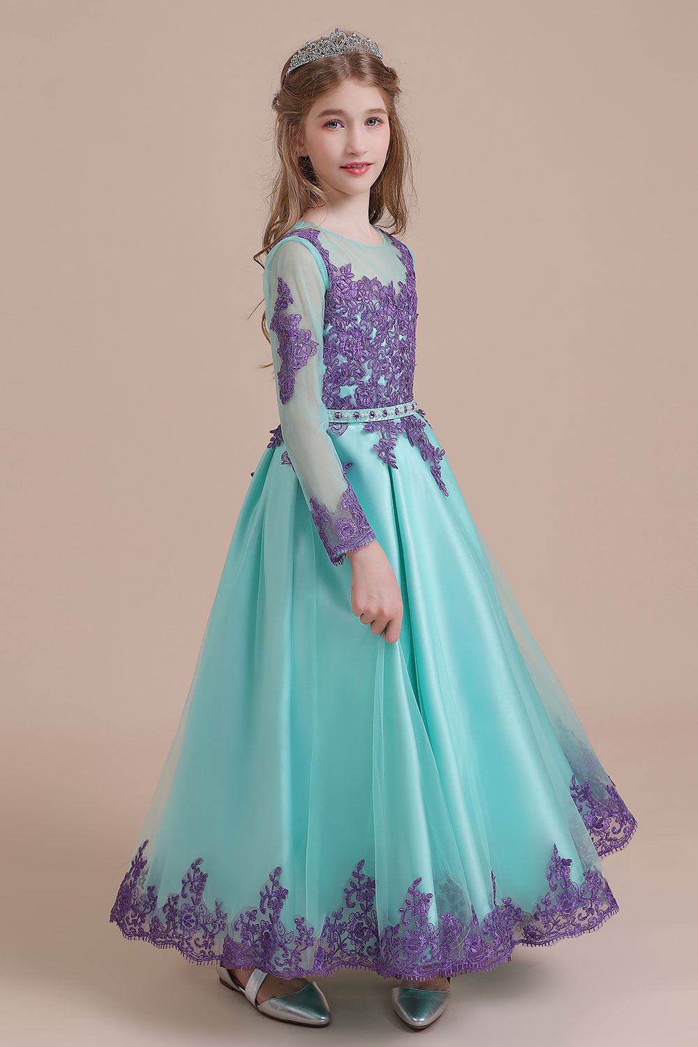 A-line Jewel Neck Long Sleeves Ankle-length Tulle Flower Girl Dress With Rhinestone 5