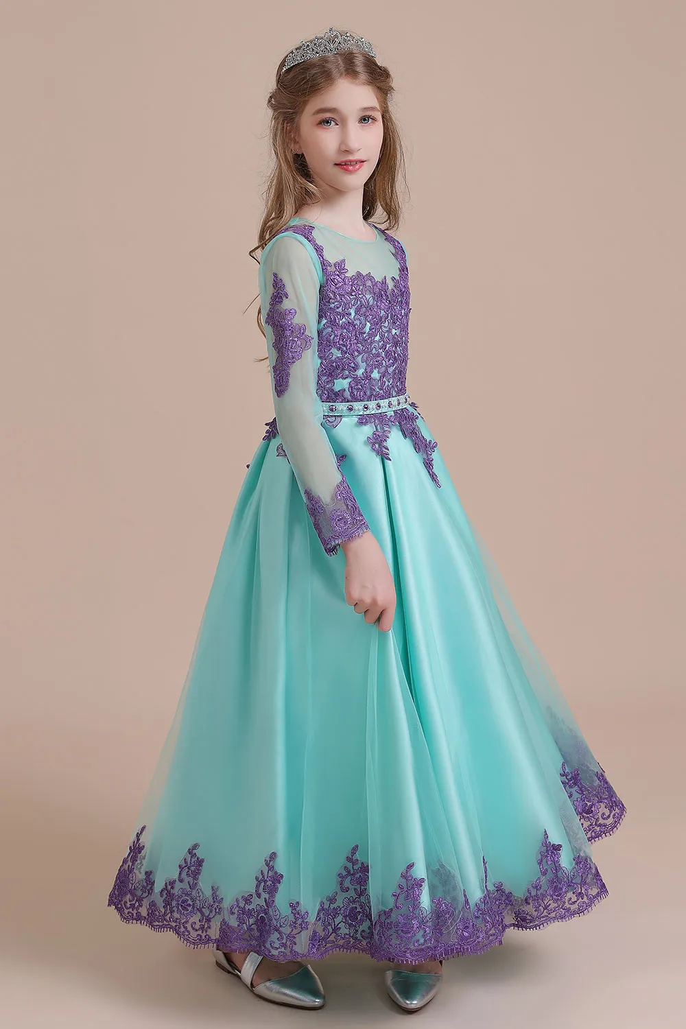 A-line Jewel Neck Long Sleeves Ankle-length Tulle Flower Girl Dress With Rhinestone 5