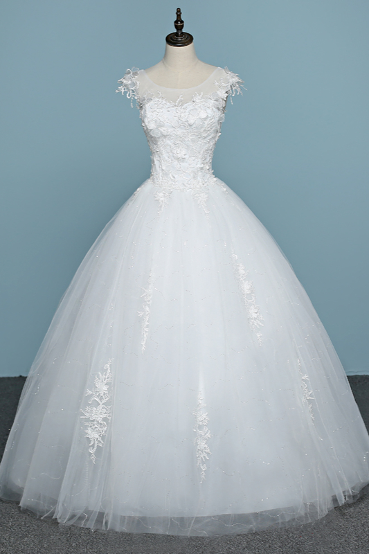 A-line Jewel Neck Sleeveless Floor-length Tulle Wedding Gown With Appliques 1