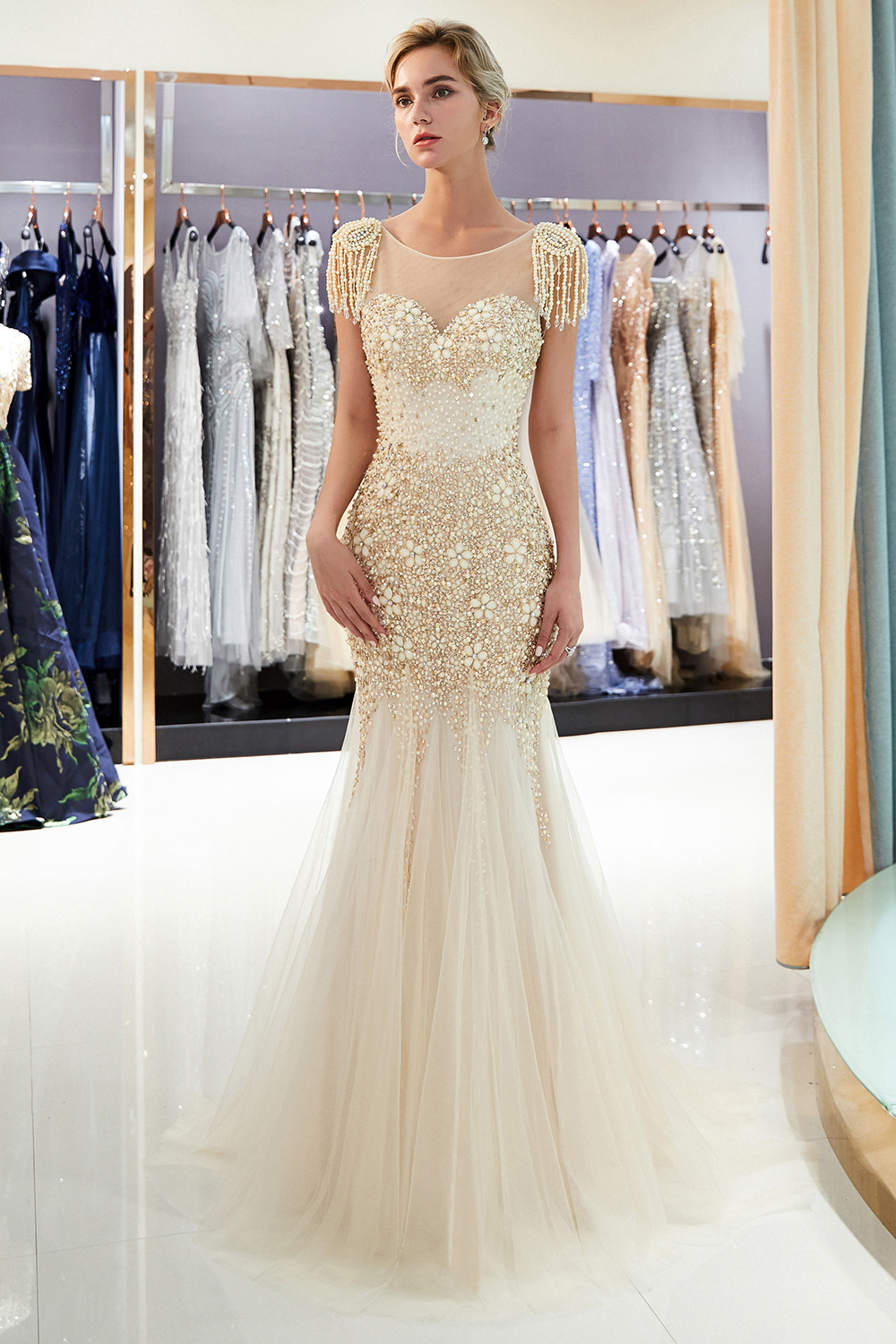 Mermaid Jewel Neck Sleeveless Sweep / Brush Train Tulle Evening Dress With Crystal Floral Pin 9