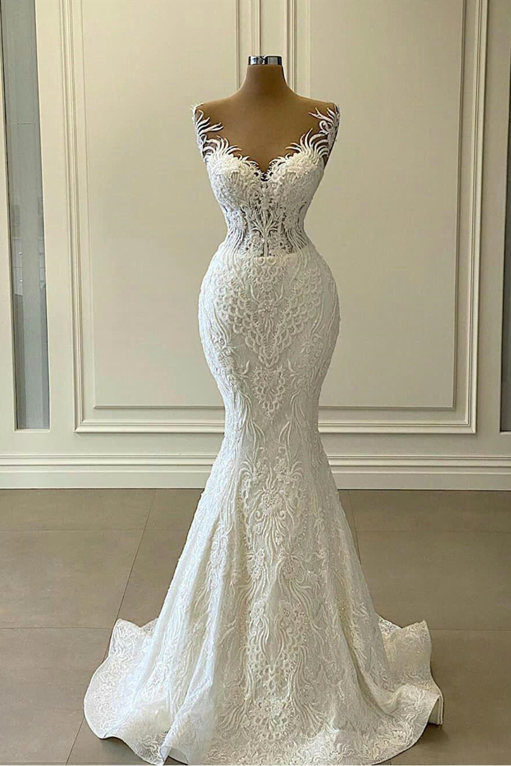 Mermaid Sweetheart Neck Sleeveless Sweep / Brush Train Hard Net Bridal Gown With Appliques 3