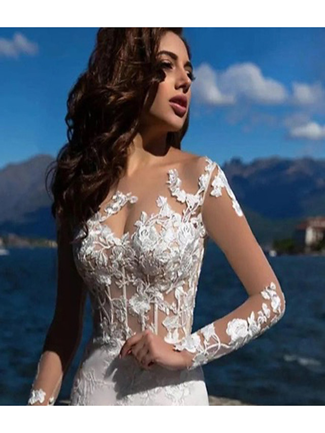 Mermaid Bateau Neck Long Sleeves Court Train Lace Wedding Gown With Beading 4