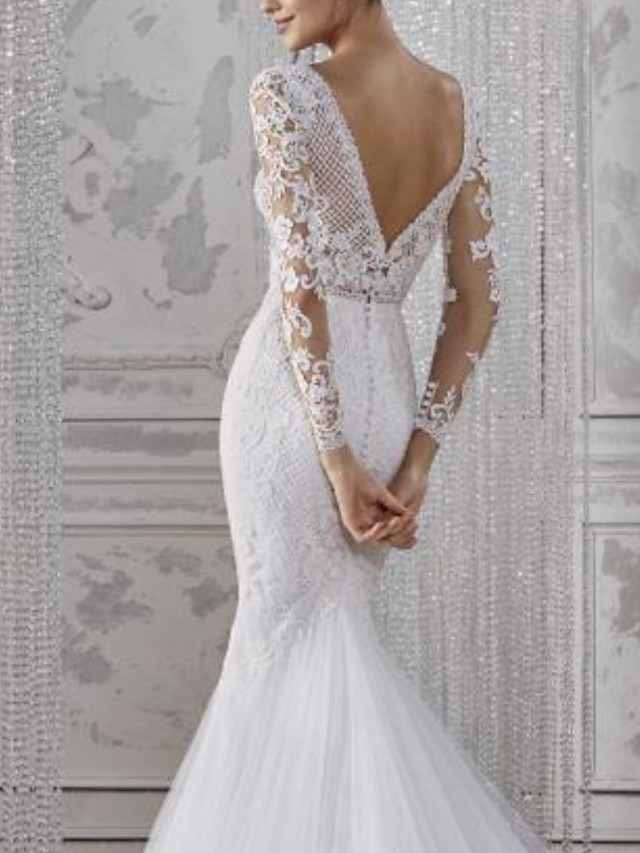 Mermaid V-neck Long Sleeves Court Train Tulle Wedding Gown With Lace 2