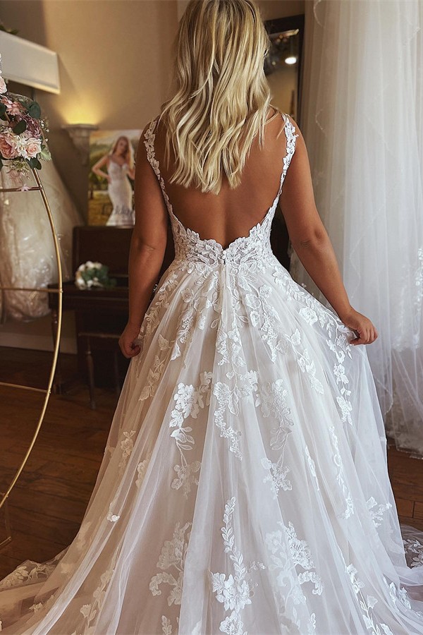 Elowen Floral Lace Applique Plunging V-Neck A-Line Wedding Dress 3