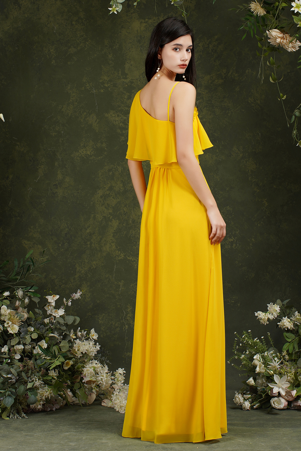 A-line Spaghetti Straps Sleeveless Floor-length 100D Chiffon Bridesmaid Outfit With Split Front 7
