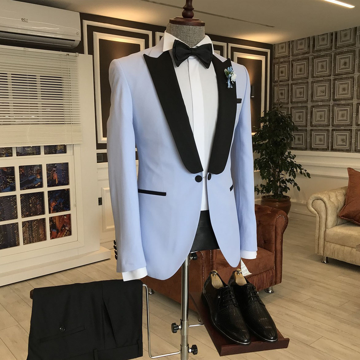 Sky Blue Slim Fit Suit with Mixed Black Peaked Lapel 2