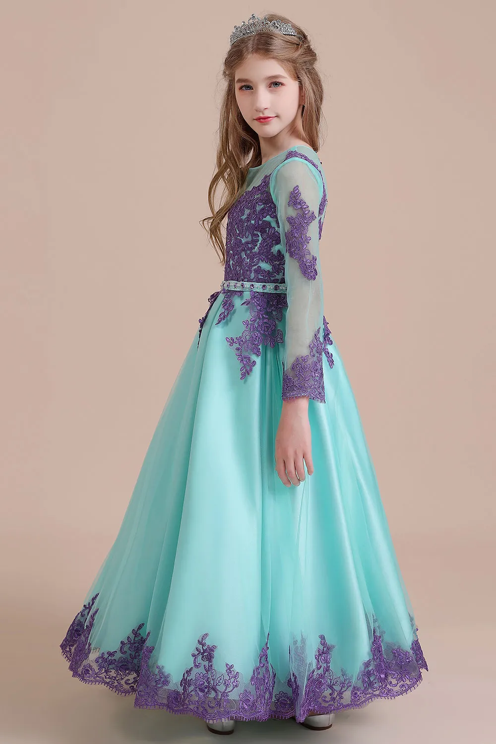 A-line Jewel Neck Long Sleeves Ankle-length Tulle Flower Girl Dress With Rhinestone 3