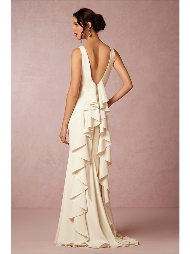 Column Straps Sleeveless Sweep / Brush Train Tulle Wedding Gown With Cascading Ruffle 2