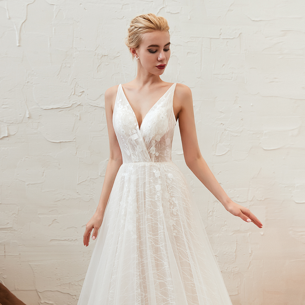 A-line Plunging Neckline Sleeveless Chapel Train Tulle Bridal Gown With Lace 15