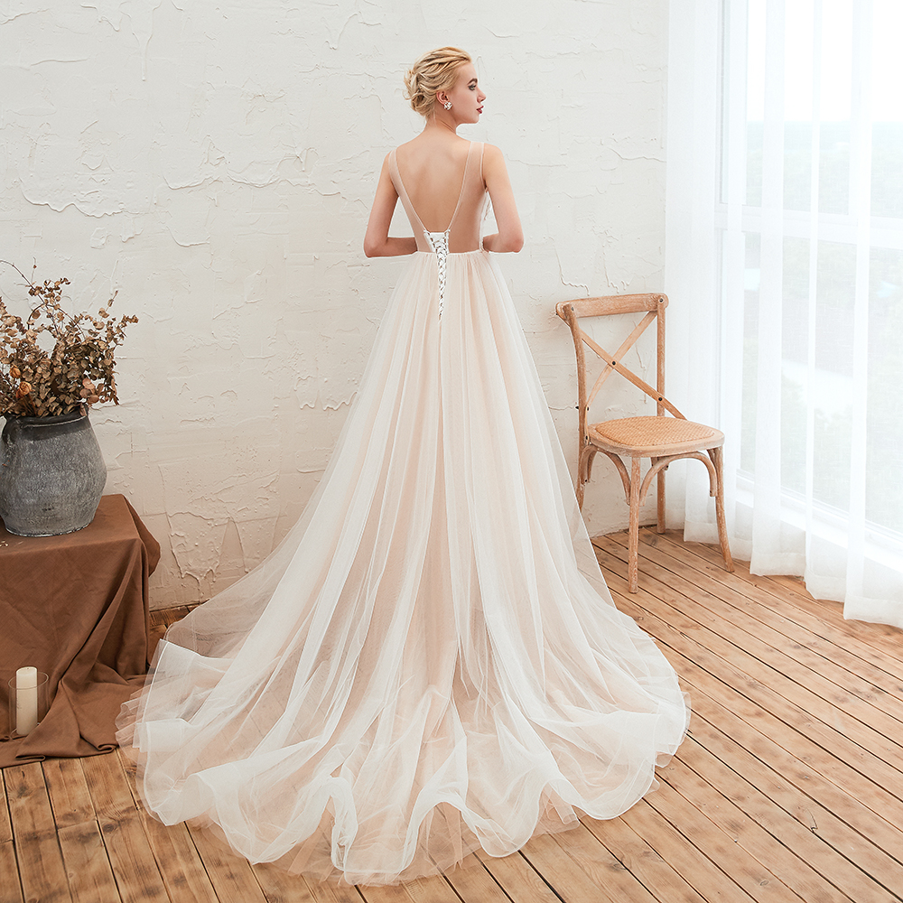 Ball Gown Jewel Neck Sleeveless Chapel Train Tulle Wedding Gown With Rhinestone 14