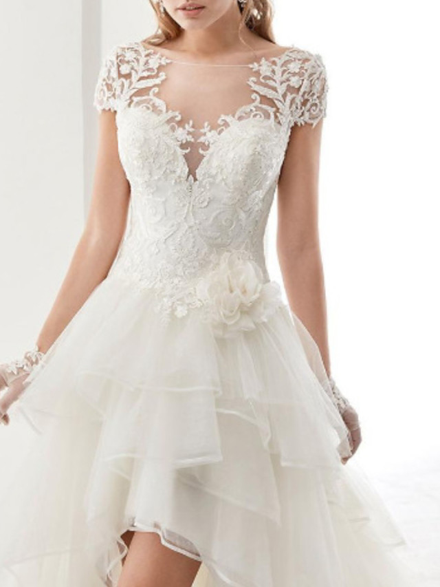 A-line Short Sleeves Sweep / Brush Train Lace Wedding Gown With Ruffles 2