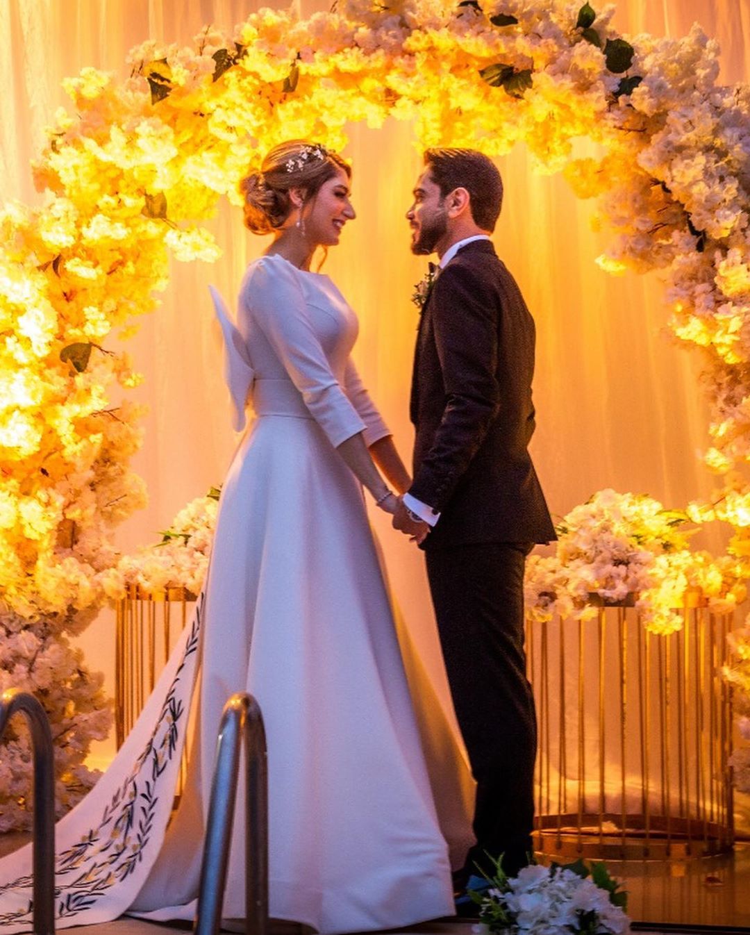 A-line Bateau Neck Long Sleeves Cathedral Train Satin Wedding Gown With Ruffles 3