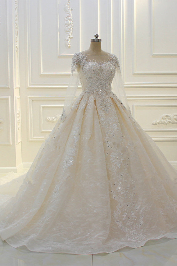 Ball Gown Jewel Neck Long Sleeves Floor-length Tulle Bridal Dress With Beading 2