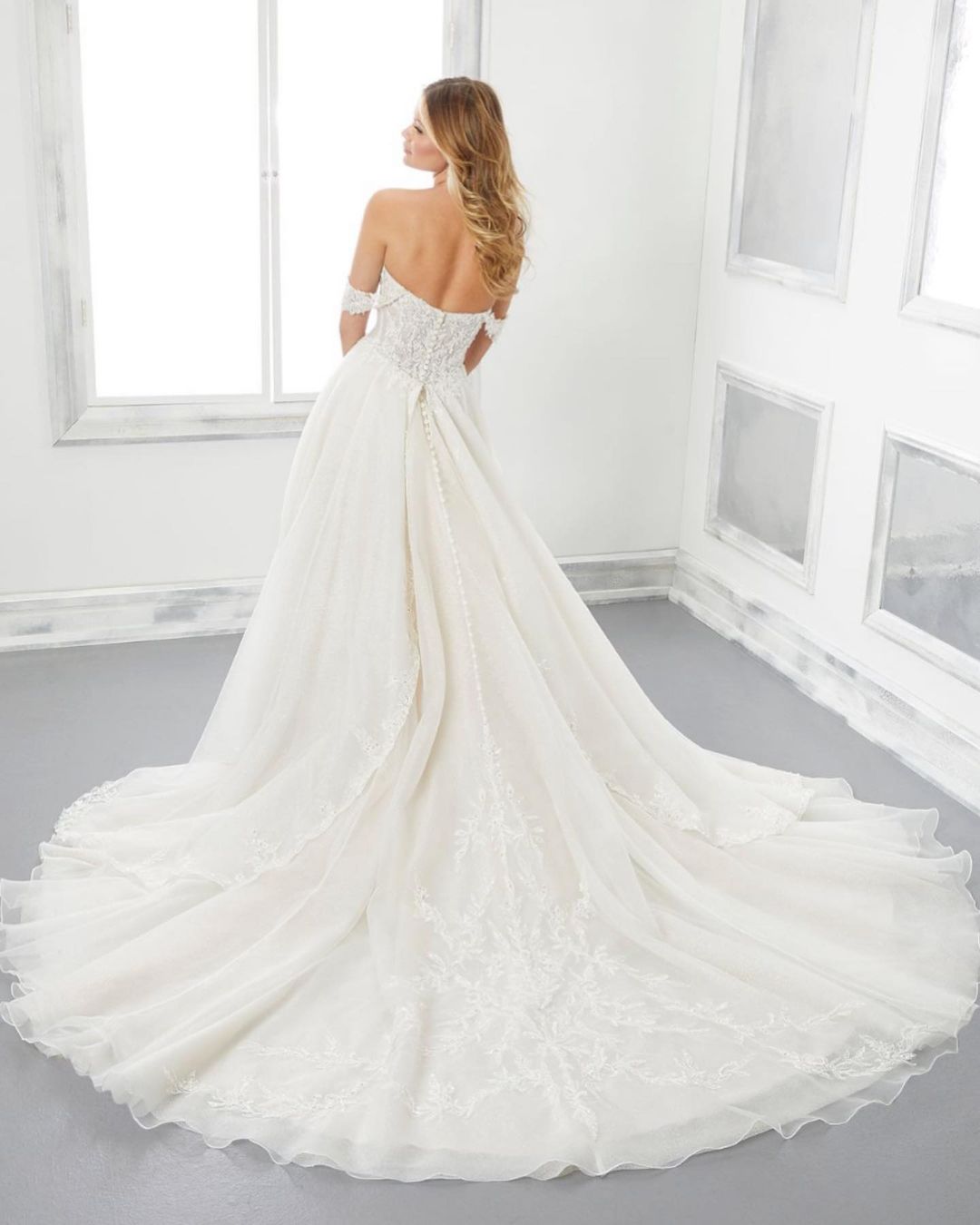 A-line Off-the-shoulder Sleeveless Court Train Tulle Wedding Gown With Lace 2