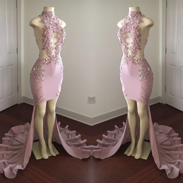 Mermaid High Neck Sleeveless Sweep / Brush Train Prom Dress With Beading 4