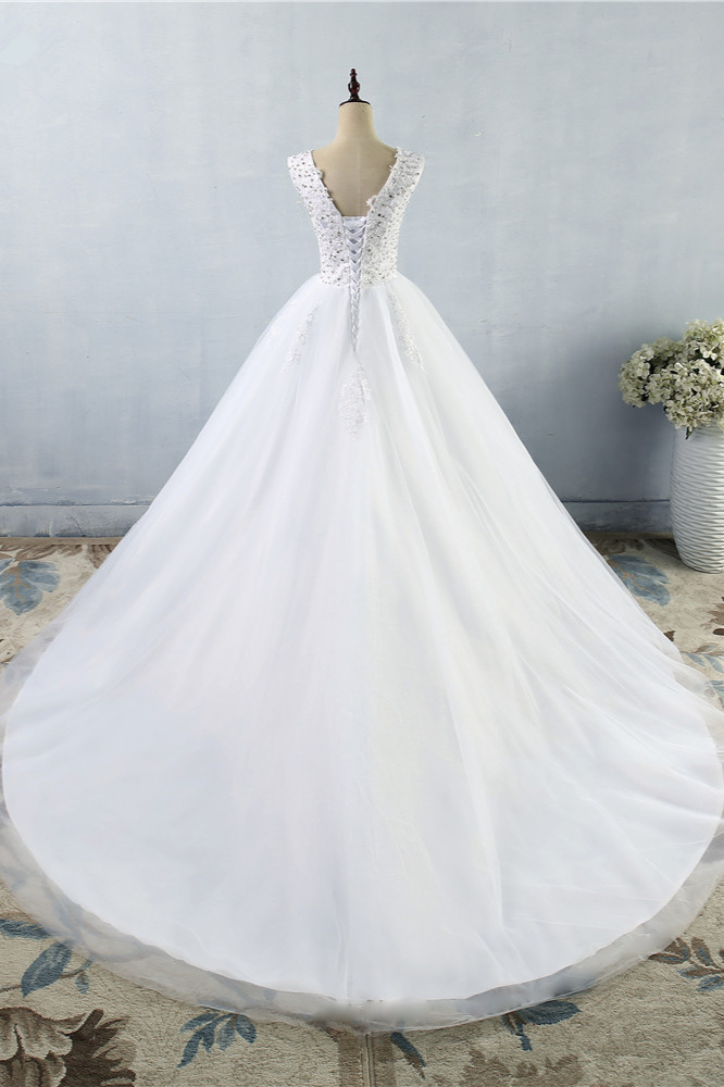 A-line V-neck Sleeveless Floor-length Tulle Bridal Dress With Sequins 2