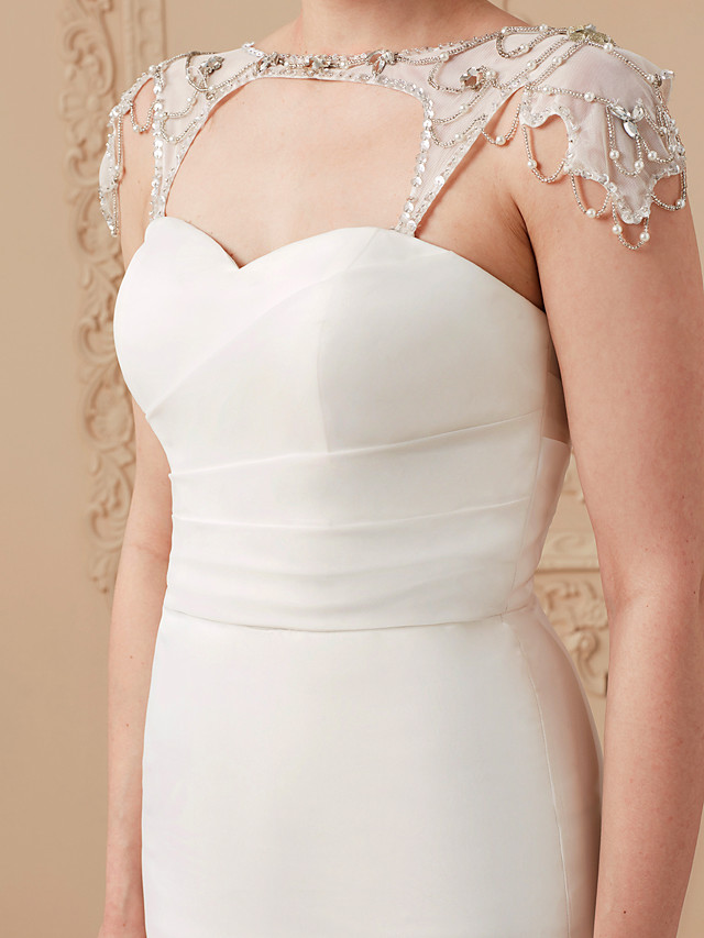 Mermaid Sweetheart Neck Cap Sleeves Sweep / Brush Train Organza Bridal Dress With Buttons 18