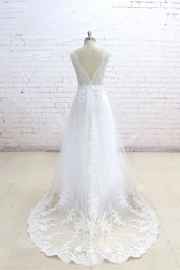 A-line V-neck Sleeveless Sweep / Brush Train Tulle Bridal Gown With Lace 2