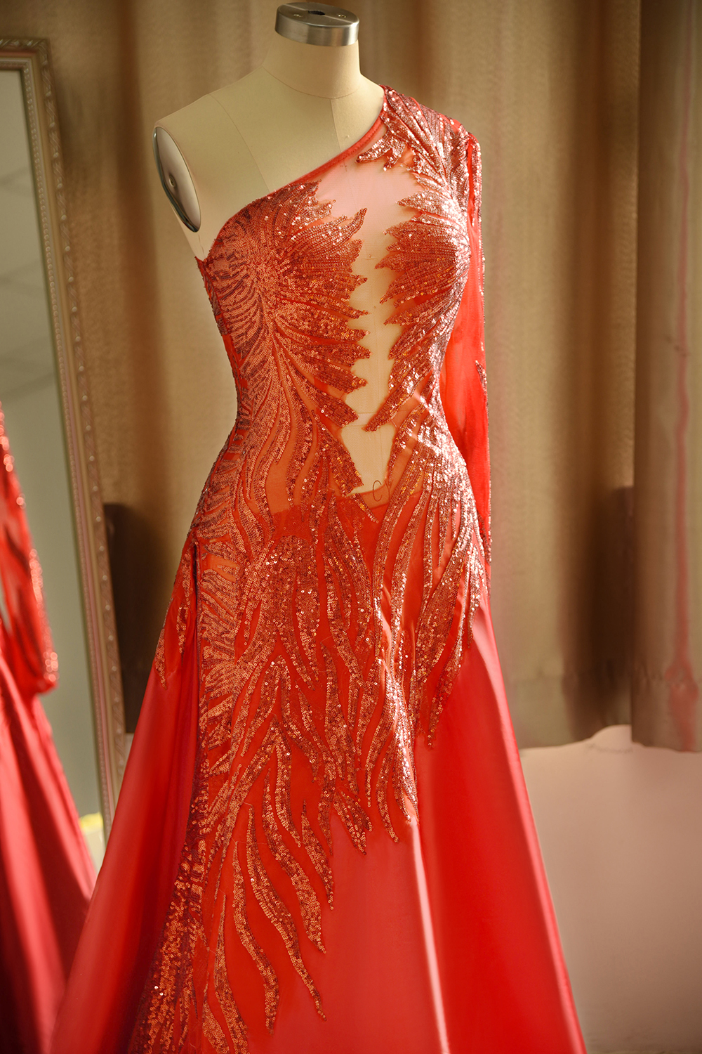 A-line One Shoulder Long Sleeves Floor-length Elastic Silk-like Satin Formal Wear With Sequins 5