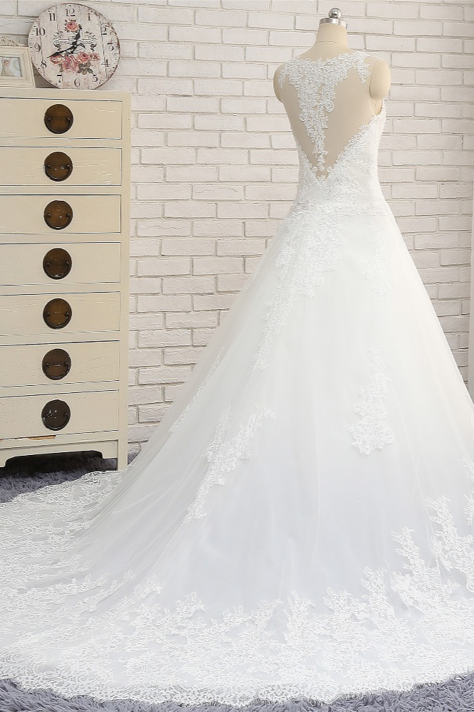 A-line Jewel Neck Sleeveless Floor-length Tulle Wedding Dress With Lace 2