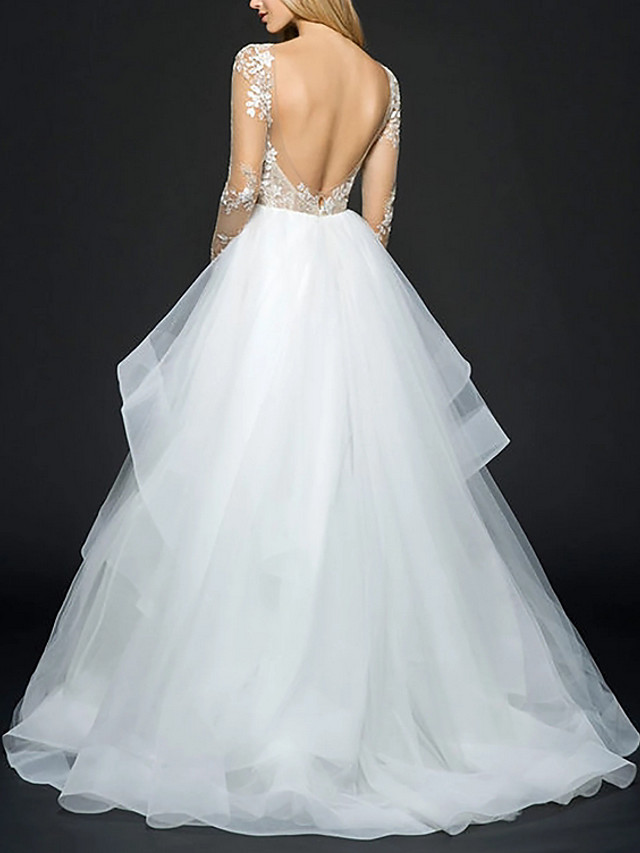 Ball Gown V-neck Long Sleeves Floor-length Organza Wedding Dress With Lace 2