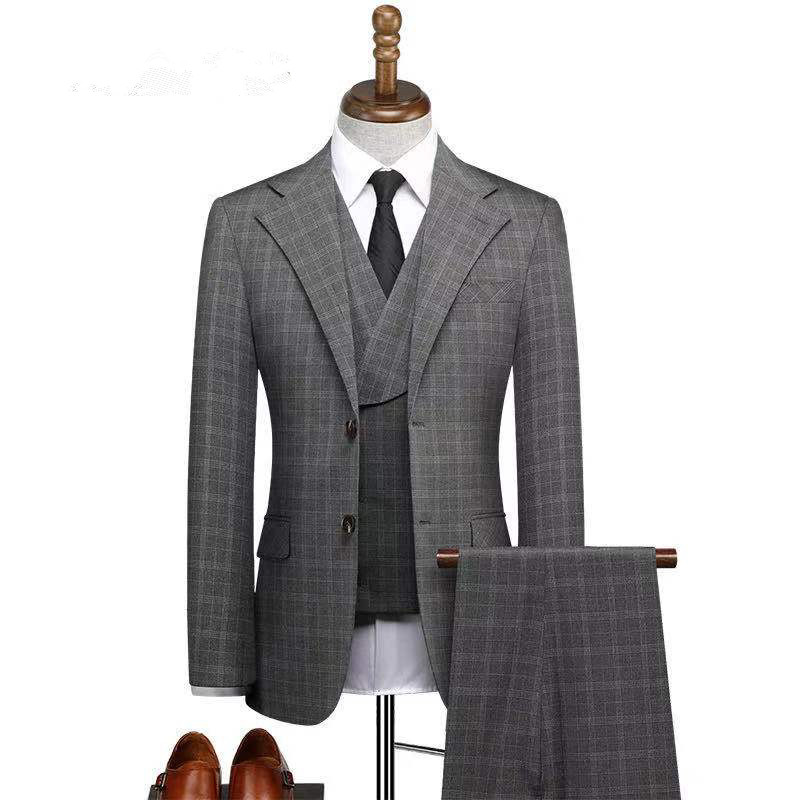 Dark Gray Plaid Three Pieces Men Suit with Notched Lapel for Business 2