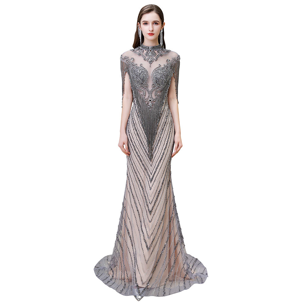 Mermaid Jewel Neck Short Sleeves Court Train Tulle Evening Gown With Beading 3
