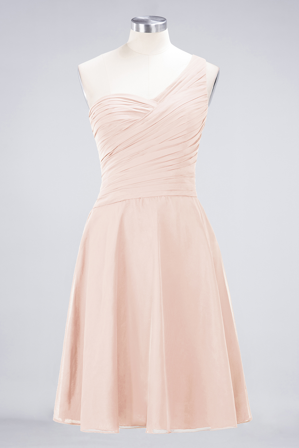 A-line One Shoulder Sweetheart Neck Sleeveless Knee-length 100D Chiffon Bridesmaid Attire With Ruffles 11