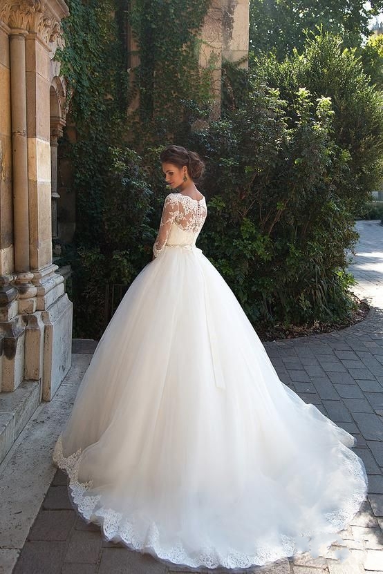 Ball Gown Bateau Neck Half-Sleeves Court Train Wedding Gown With Beading 4