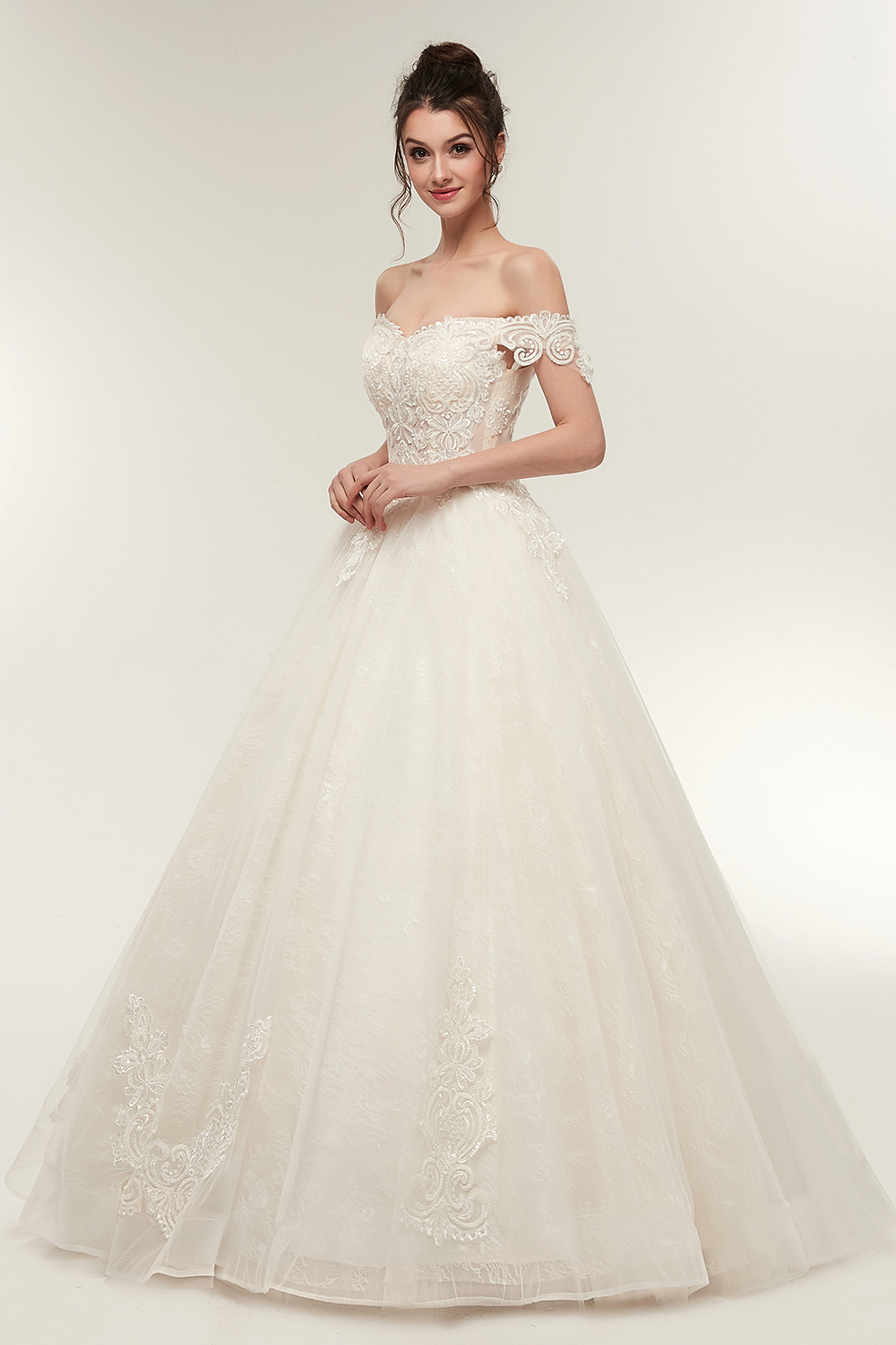 Off-the-shoulder Cap Sleeves Floor-length Lace Wedding Dress With Lace 9