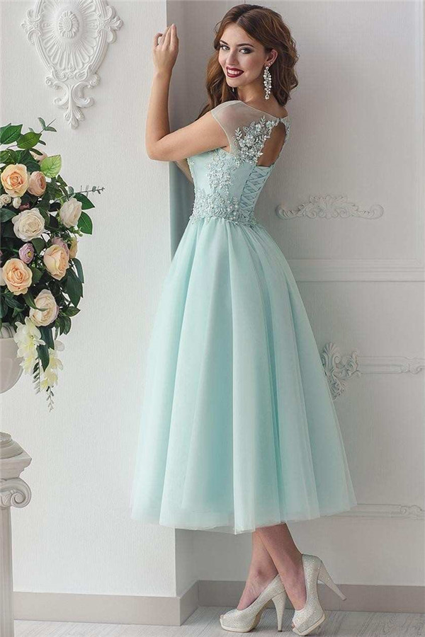 A-line Sleeveless Tea-length Tulle Cocktail Party Dress With Appliques 2