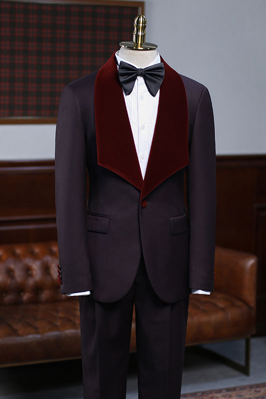 Burgundy Wedding Suit With Velvet Lapel 1