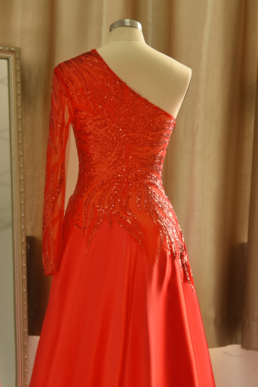 A-line One Shoulder Long Sleeves Floor-length Elastic Silk-like Satin Formal Wear With Sequins 6