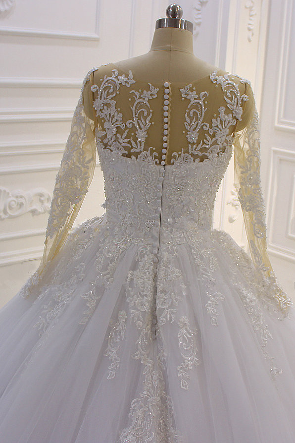 Ball Gown Jewel Neck Long Sleeves Floor-length Tulle Bridal Dress With Beading 4