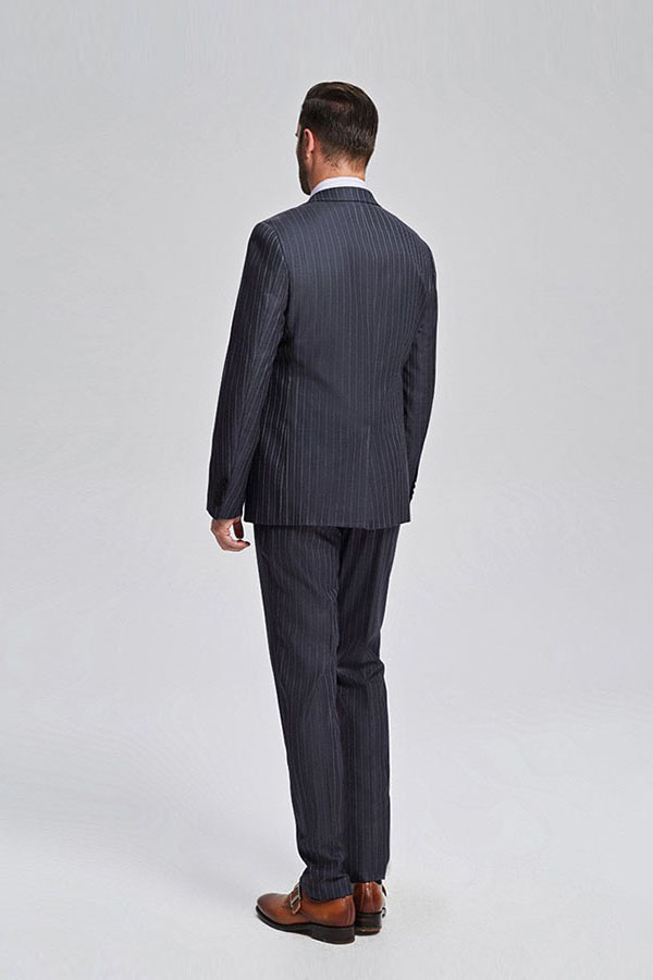 Black Single Breasted Wool Blend Men's Business Suit with Gustavo Grey Stripes 3