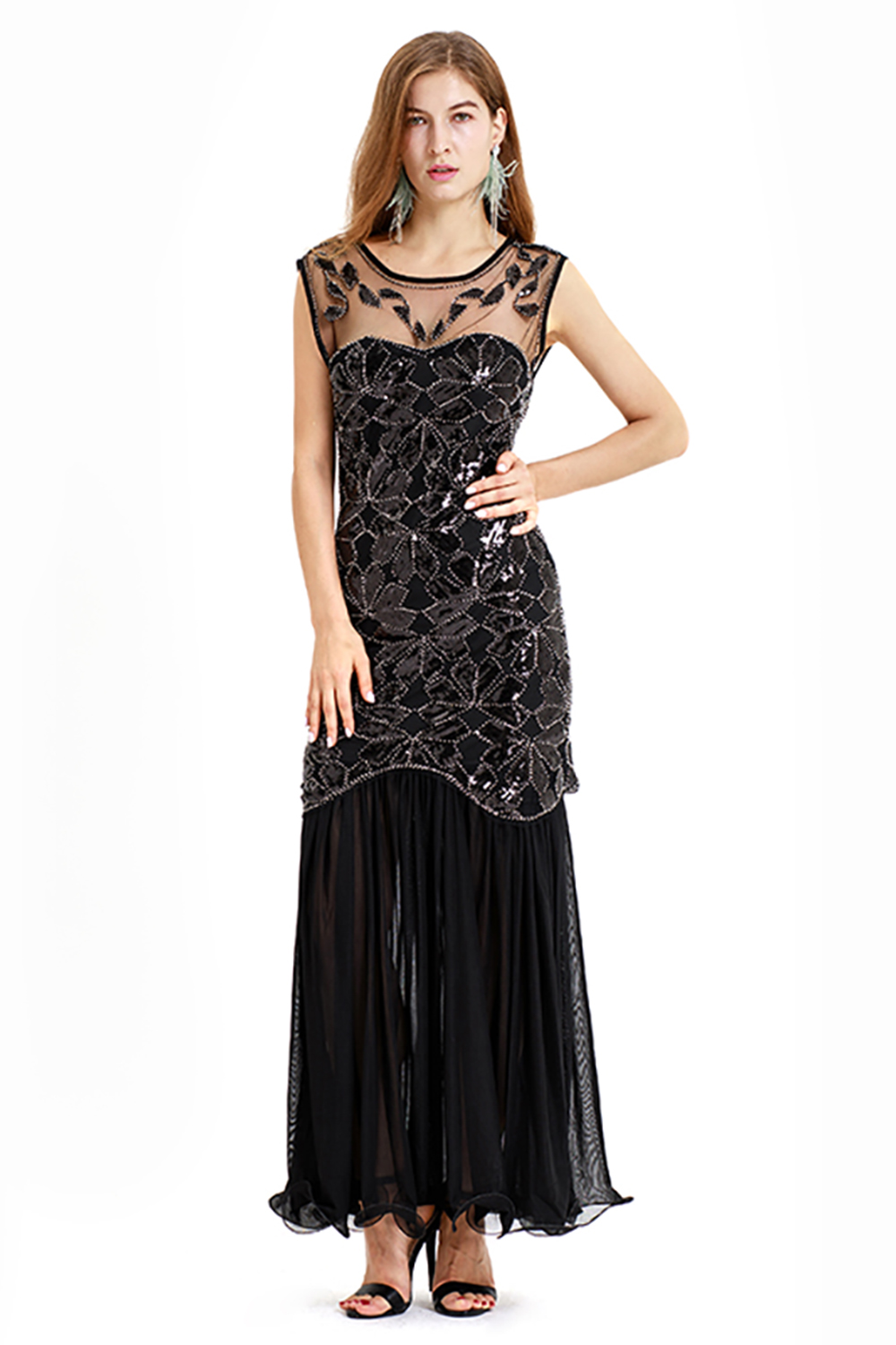 Cap sleeves Long Black Cocktail Dresses | Shining Sequined Dress -  and  Style 3