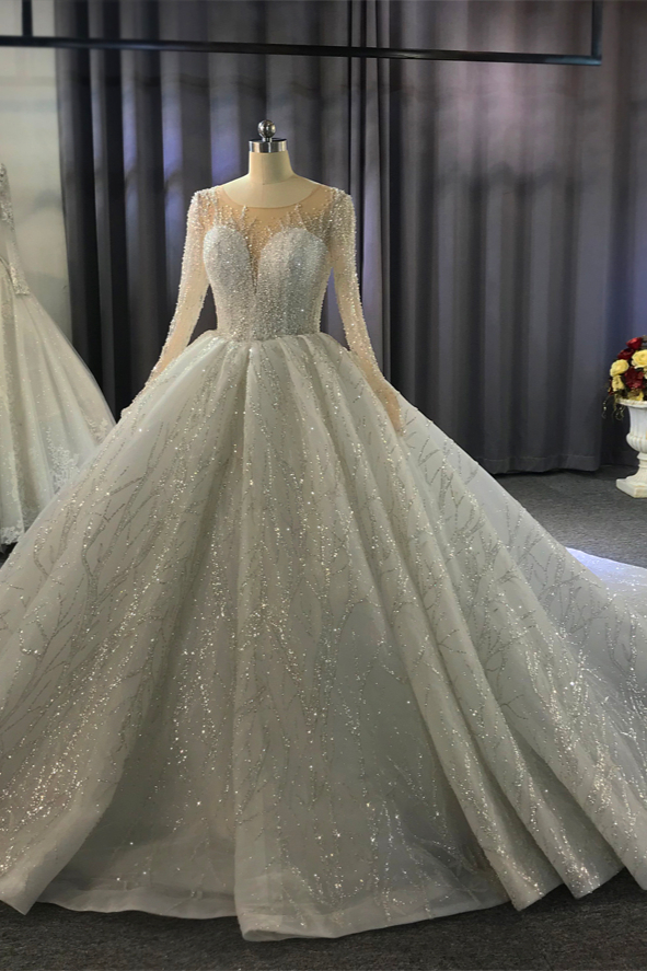 Ball Gown Jewel Neck Long Sleeves Floor-length Tulle Bridal Dress With Beading 9
