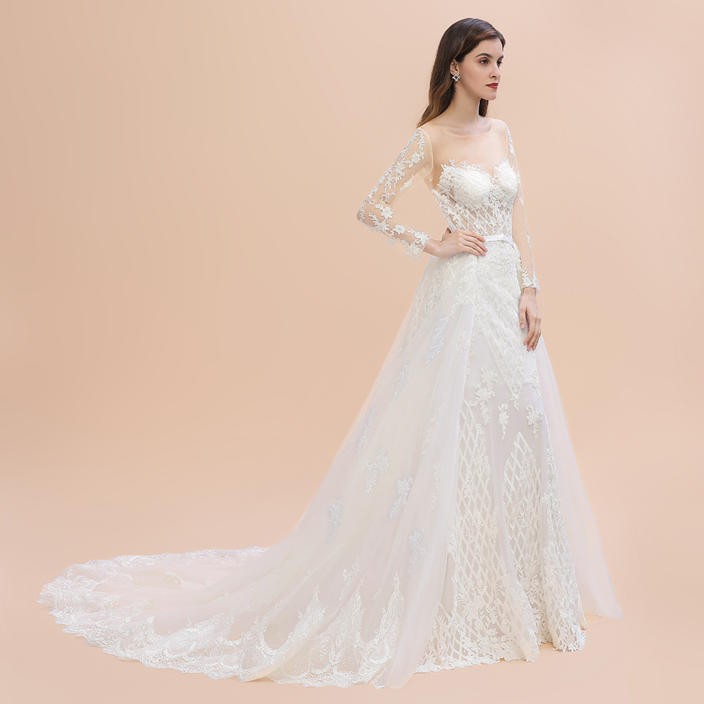 Mermaid Jewel Neck Long Sleeves Chapel Train Tulle Wedding Gown With Lace 12