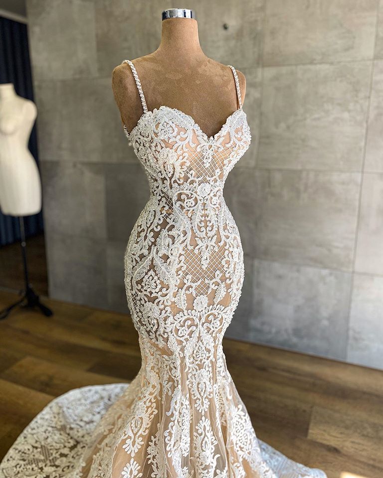 Mermaid Spaghetti Straps Sleeveless Ankle-length Lace Bridal Dress With Lace 3