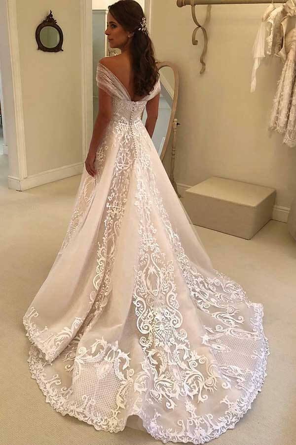 A-line Off-the-shoulder Sleeveless Chapel Train Lace Bridal Gown With Appliques 2