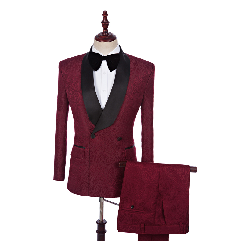 Burgundy Jacquard Double Breasted Wedding Suit 2