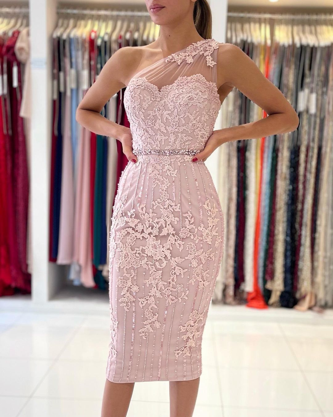 Mermaid One Shoulder Sleeveless Knee-length Lace Cocktail Party Gown With Beading 5