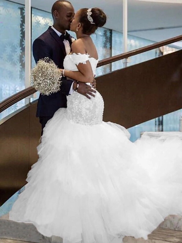 Mermaid Sleeveless Chapel Train Tulle Bridal Gown With Pearls 4